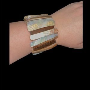 Mother of Pearl pieces and dark wood pieces stretch bracelet 2” wide 3.5” flat